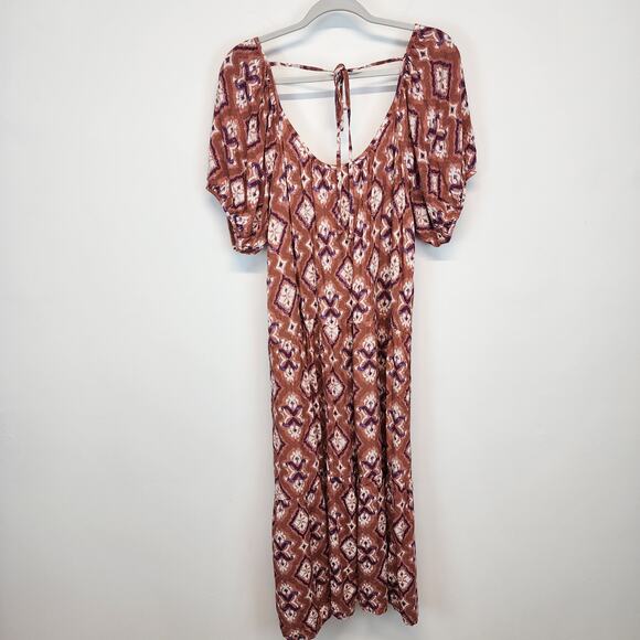 Knox Rose Puff Sleeve Tiered Midi Dress Size L Mauve Mandala Rayon Boho Peasant - Picture 9 of 16